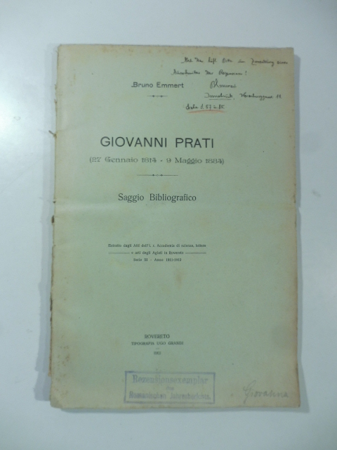 Giovanni Prati (27 gennaio 1814 - 9 maggio 1884). Saggio bibliografico